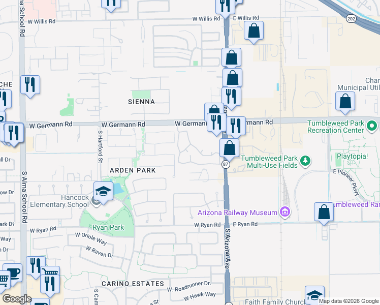map of restaurants, bars, coffee shops, grocery stores, and more near 2150 South Arizona Avenue in Chandler