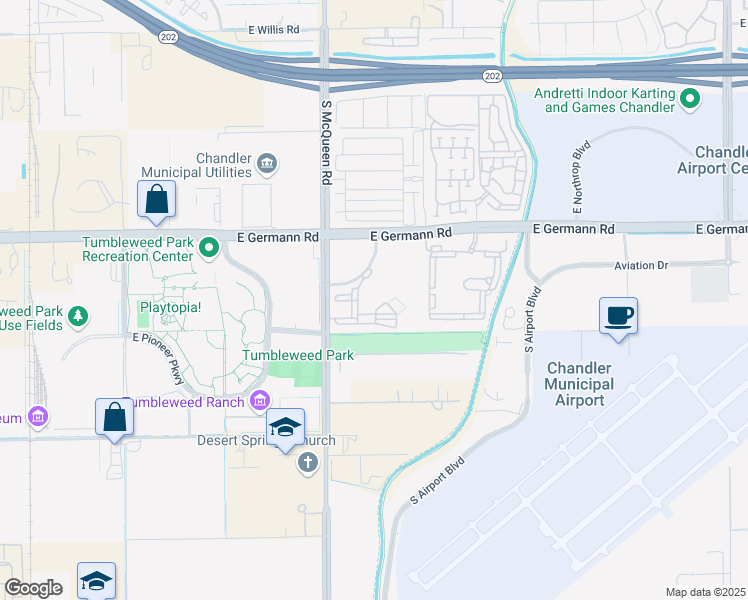 map of restaurants, bars, coffee shops, grocery stores, and more near 2177 South McQueen Road in Chandler