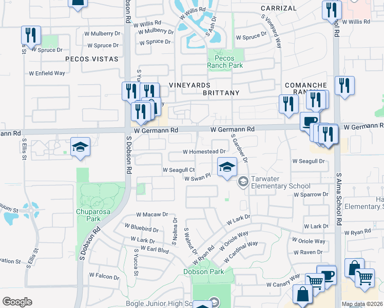 map of restaurants, bars, coffee shops, grocery stores, and more near 1713 West Homestead Drive in Chandler