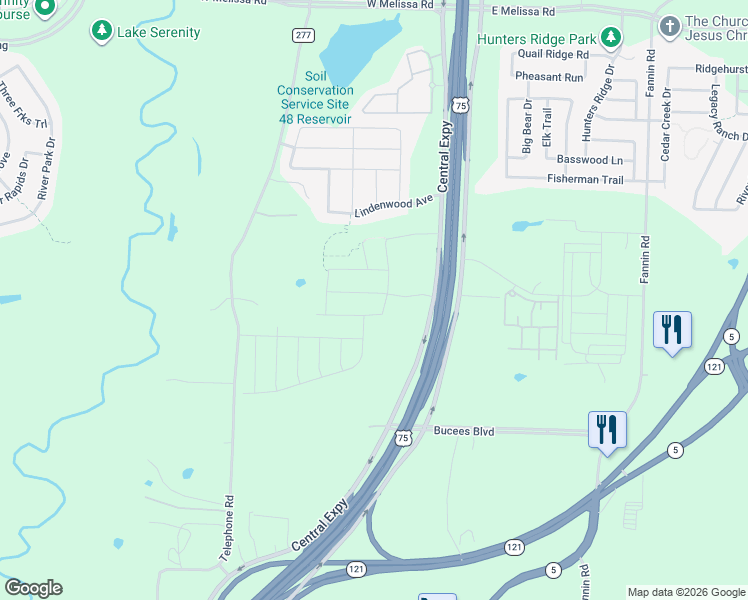 map of restaurants, bars, coffee shops, grocery stores, and more near 211 Fieldstone Dr in Melissa