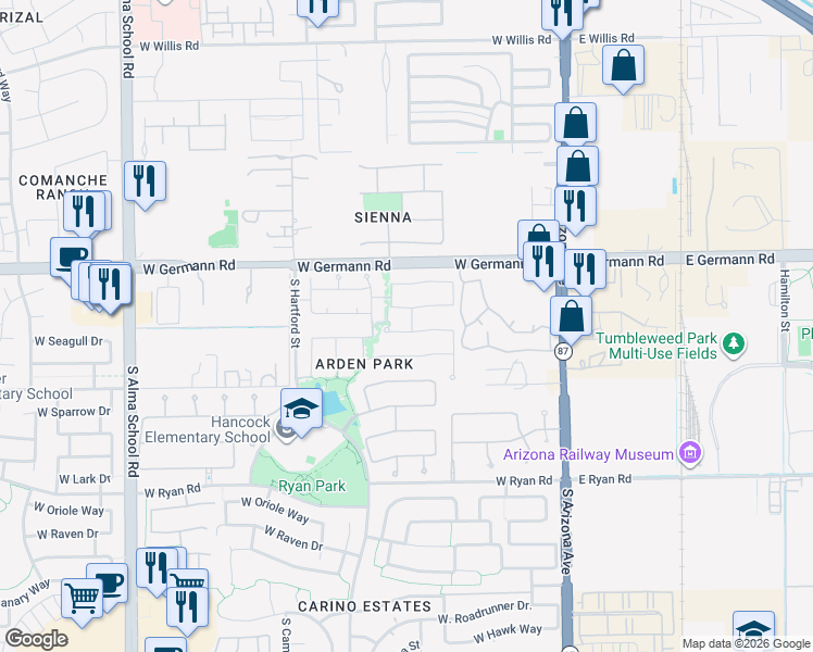 map of restaurants, bars, coffee shops, grocery stores, and more near 294 West Seagull Place in Chandler