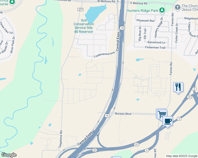 map of restaurants, bars, coffee shops, grocery stores, and more near 211 Fieldstone Dr in Melissa