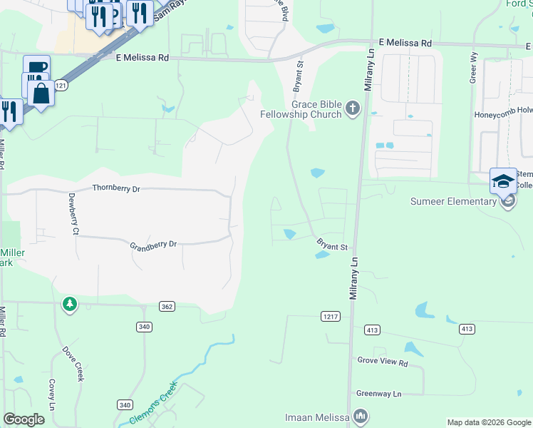 map of restaurants, bars, coffee shops, grocery stores, and more near 3211 Berry Hollow Drive in Melissa