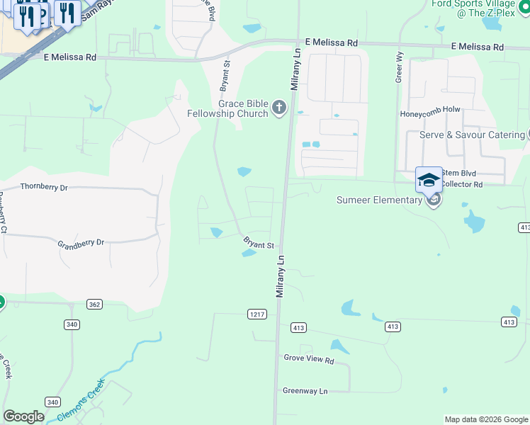 map of restaurants, bars, coffee shops, grocery stores, and more near 1926 Bryant Street in Melissa