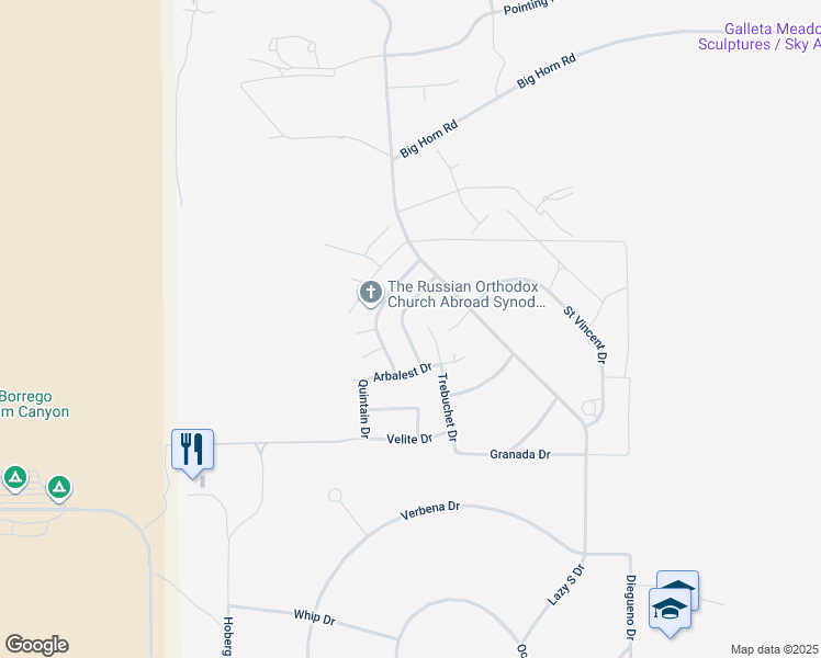 map of restaurants, bars, coffee shops, grocery stores, and more near 1945 Fenoval Drive in Borrego Springs