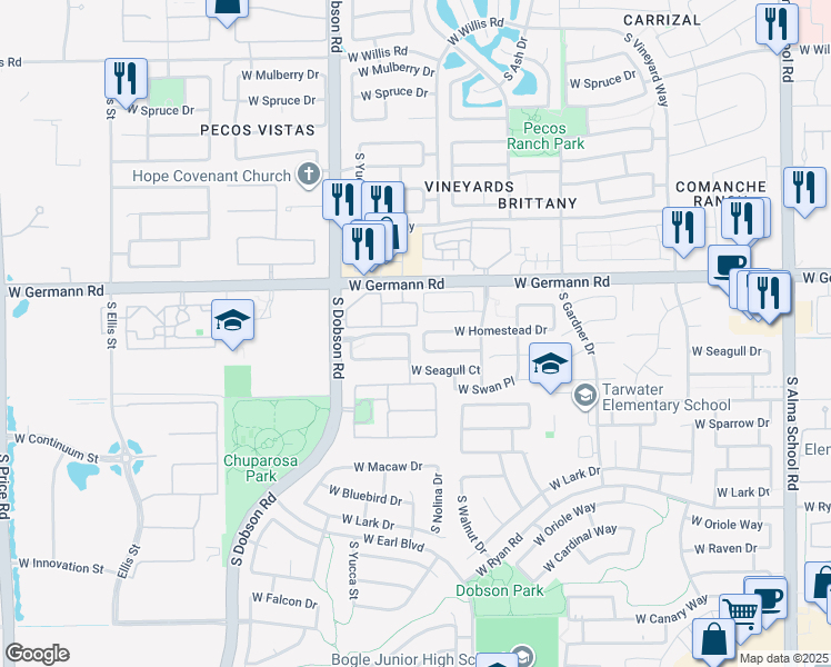 map of restaurants, bars, coffee shops, grocery stores, and more near 2101 South Cholla Street in Chandler