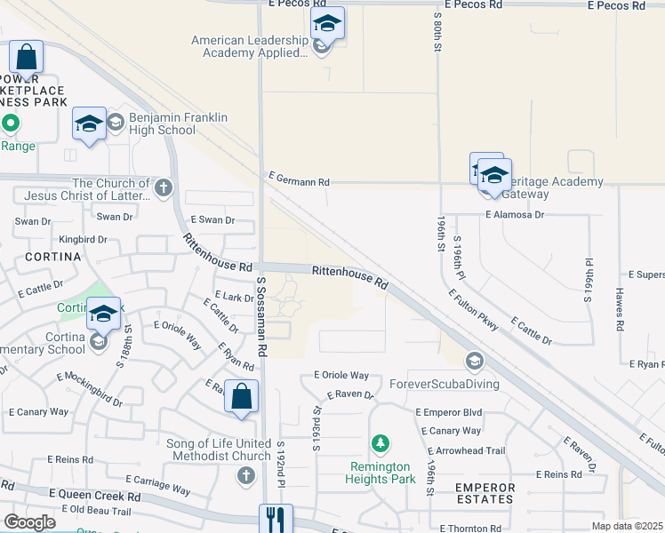 map of restaurants, bars, coffee shops, grocery stores, and more near 19398 South Rittenhouse Road in Queen Creek