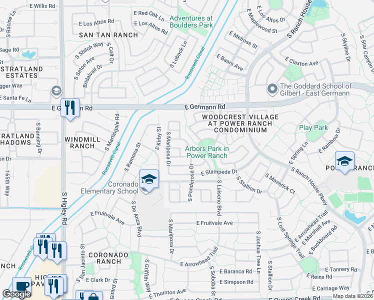 map of restaurants, bars, coffee shops, grocery stores, and more near 4187 South Ponderosa Drive in Gilbert
