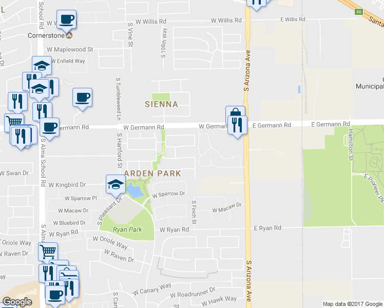 map of restaurants, bars, coffee shops, grocery stores, and more near 214 West Seagull Place in Chandler