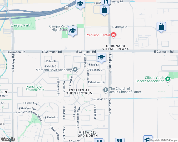 map of restaurants, bars, coffee shops, grocery stores, and more near 1423 East Canary Drive in Gilbert