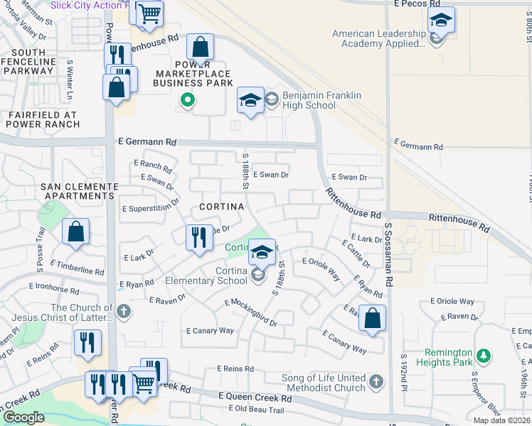 map of restaurants, bars, coffee shops, grocery stores, and more near 18835 East Superstition Drive in Queen Creek