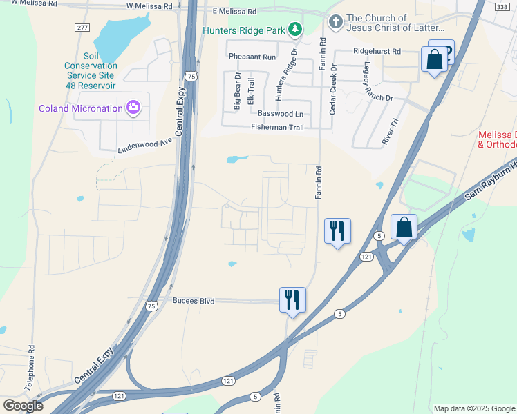 map of restaurants, bars, coffee shops, grocery stores, and more near 1824 Central Expressway in Melissa