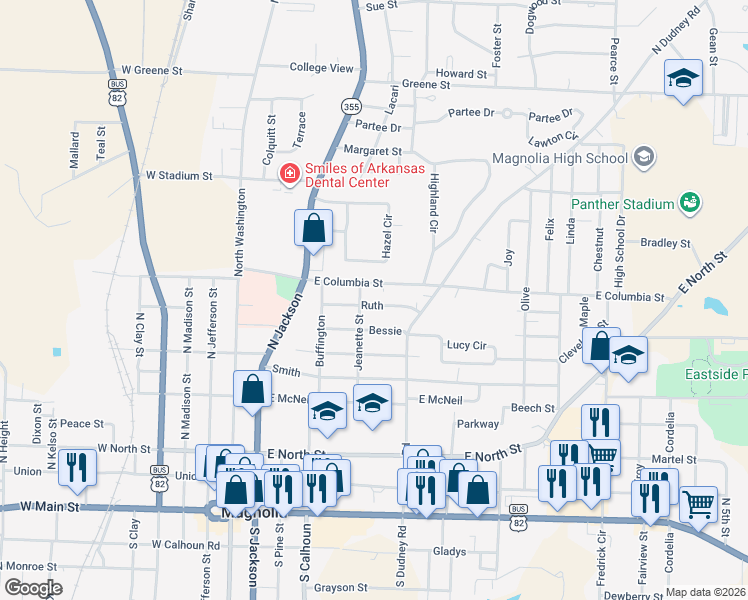 map of restaurants, bars, coffee shops, grocery stores, and more near 531-535 Ruth Street in Magnolia