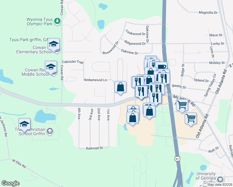 map of restaurants, bars, coffee shops, grocery stores, and more near 1602 Hallmark Hills Drive in Griffin