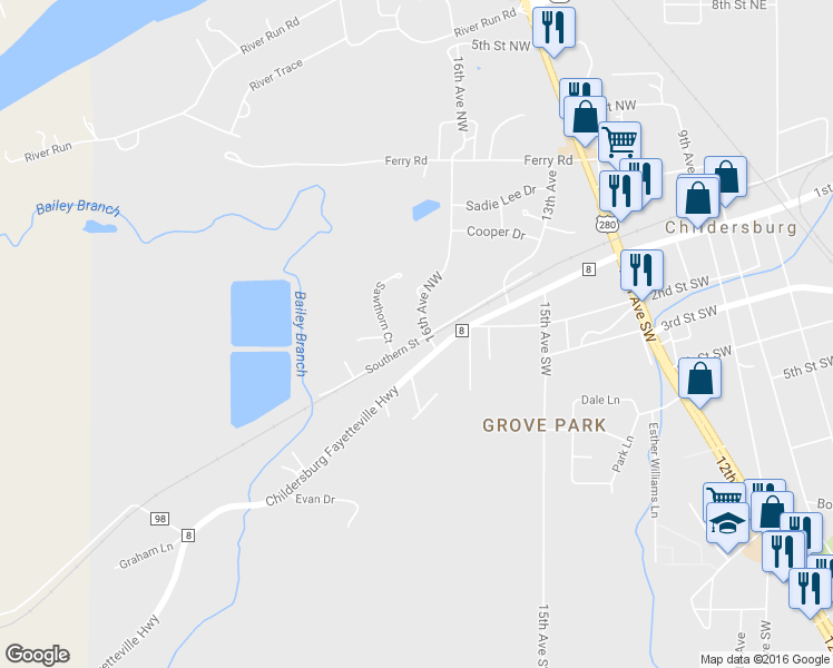 map of restaurants, bars, coffee shops, grocery stores, and more near 1601 16th Avenue Northwest in Childersburg