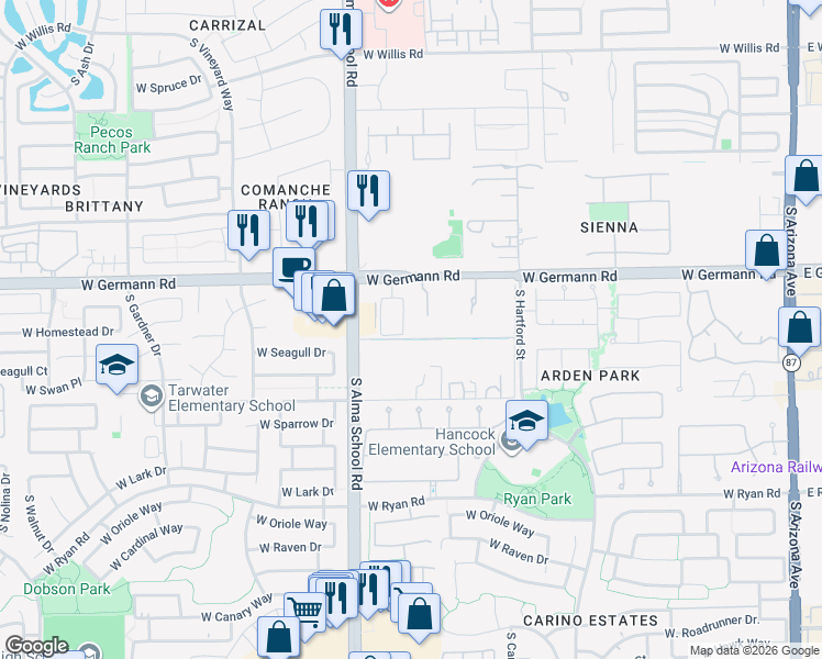 map of restaurants, bars, coffee shops, grocery stores, and more near 2091 South McClelland Drive in Chandler