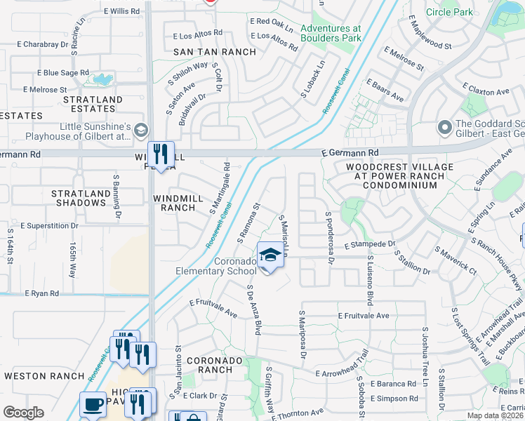 map of restaurants, bars, coffee shops, grocery stores, and more near 3504 East Temecula Court in Gilbert