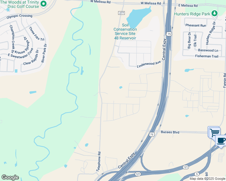 map of restaurants, bars, coffee shops, grocery stores, and more near 4728 County Road 277 in Melissa