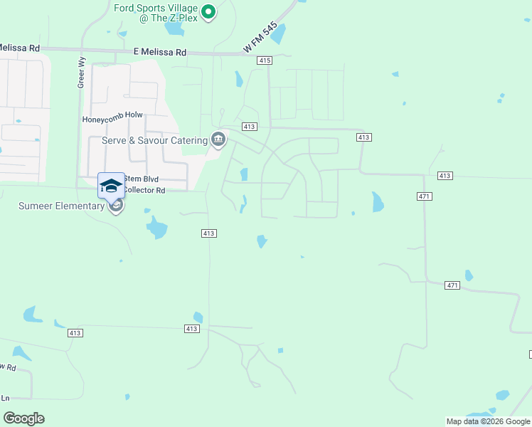 map of restaurants, bars, coffee shops, grocery stores, and more near 3924 County Road 413 in Melissa