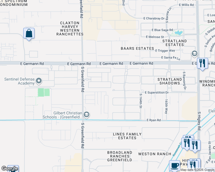 map of restaurants, bars, coffee shops, grocery stores, and more near 2618 East Kingbird Court in Gilbert