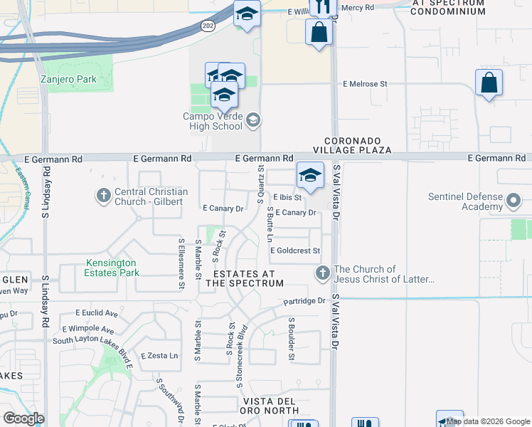 map of restaurants, bars, coffee shops, grocery stores, and more near 1423 East Canary Drive in Gilbert