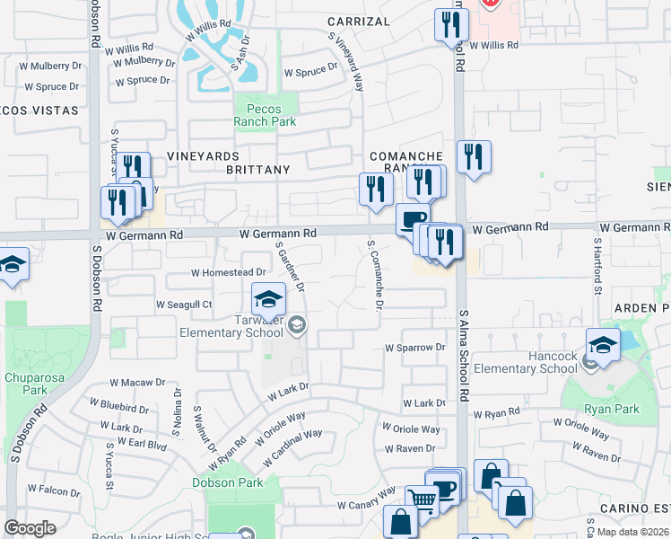 map of restaurants, bars, coffee shops, grocery stores, and more near 2150 South Navajo Way in Chandler