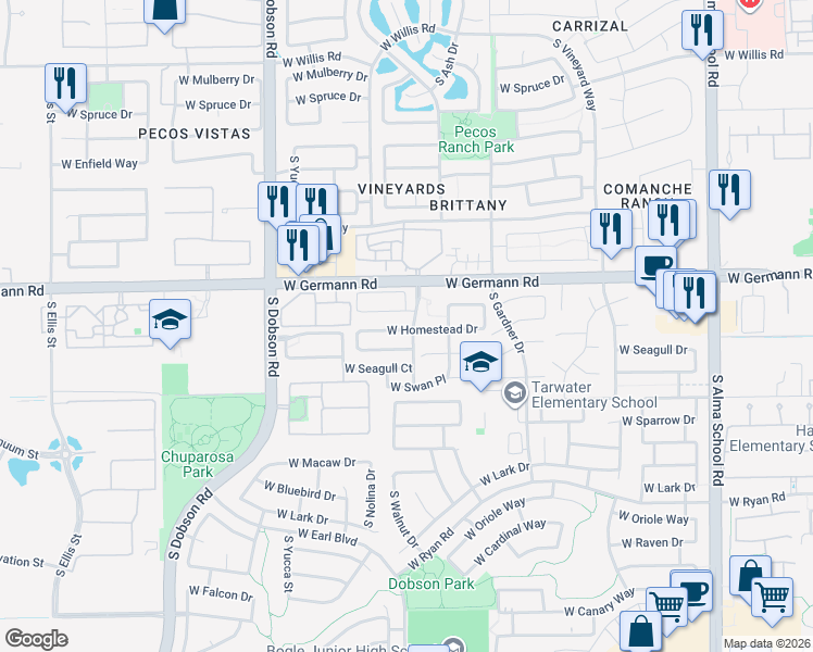 map of restaurants, bars, coffee shops, grocery stores, and more near 1713 West Homestead Drive in Chandler