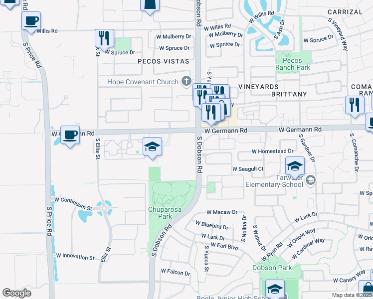 map of restaurants, bars, coffee shops, grocery stores, and more near 2090 South Dobson Road in Chandler