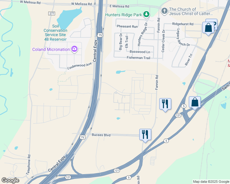 map of restaurants, bars, coffee shops, grocery stores, and more near 1824 Central Expressway in Melissa