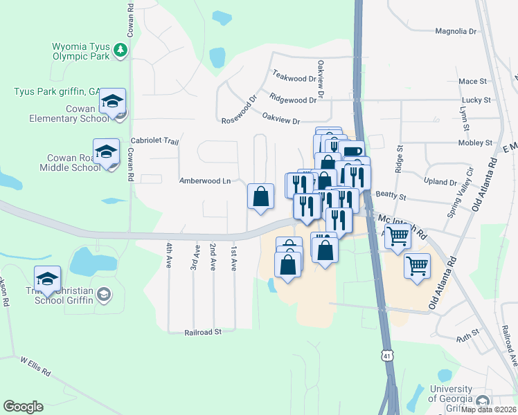 map of restaurants, bars, coffee shops, grocery stores, and more near 1600 Hallmark Hills Drive in Griffin