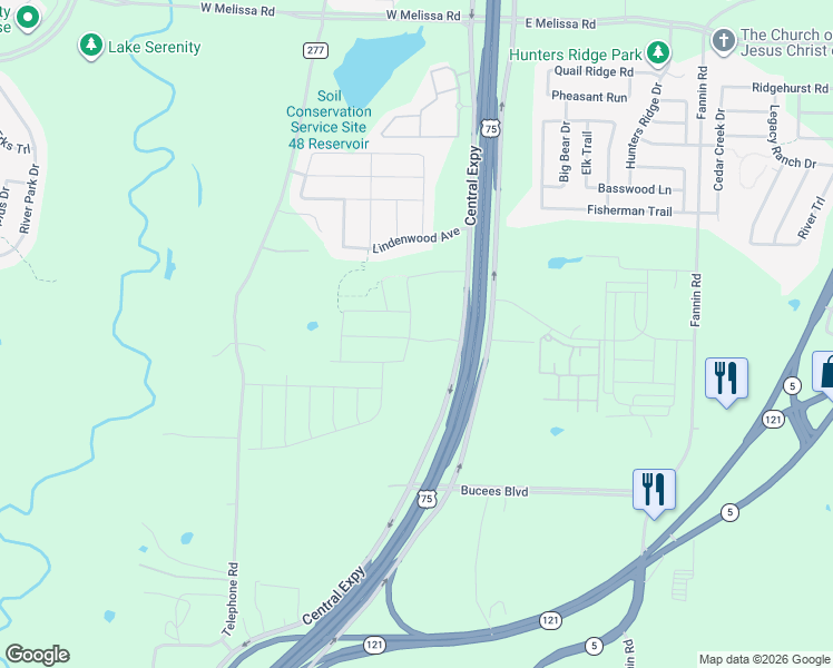 map of restaurants, bars, coffee shops, grocery stores, and more near 211 Fieldstone Dr in Melissa