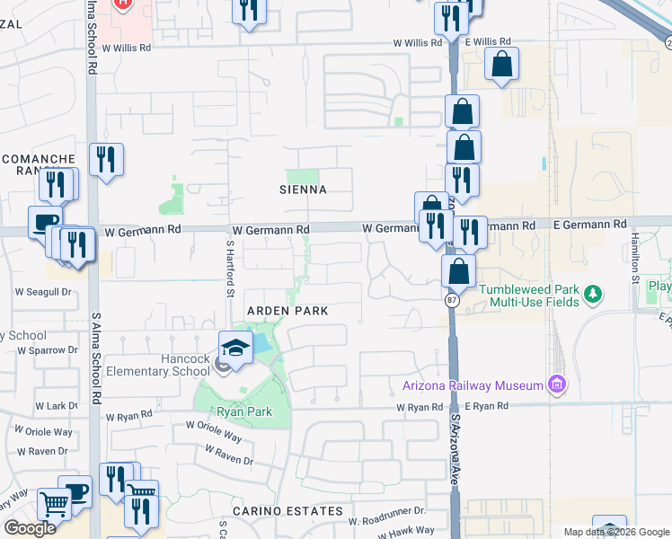 map of restaurants, bars, coffee shops, grocery stores, and more near 294 West Seagull Place in Chandler