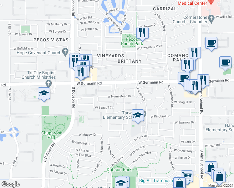 map of restaurants, bars, coffee shops, grocery stores, and more near 1632 West Homestead Drive in Chandler