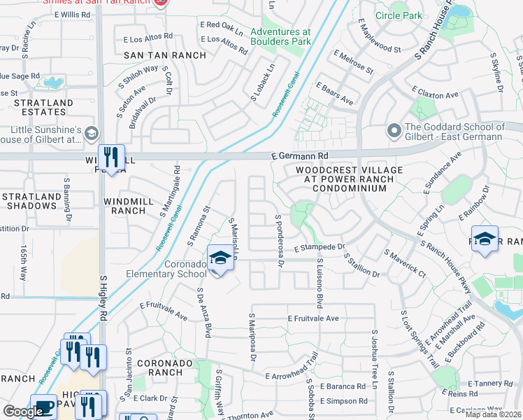map of restaurants, bars, coffee shops, grocery stores, and more near 3656 East Warbler Road in Gilbert