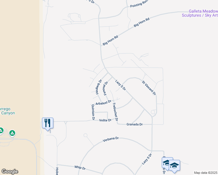 map of restaurants, bars, coffee shops, grocery stores, and more near 1945 Fenoval Drive in Borrego Springs