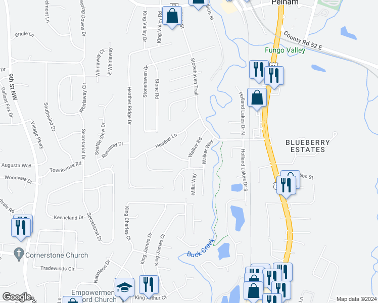 map of restaurants, bars, coffee shops, grocery stores, and more near 508 Walker Road in Pelham