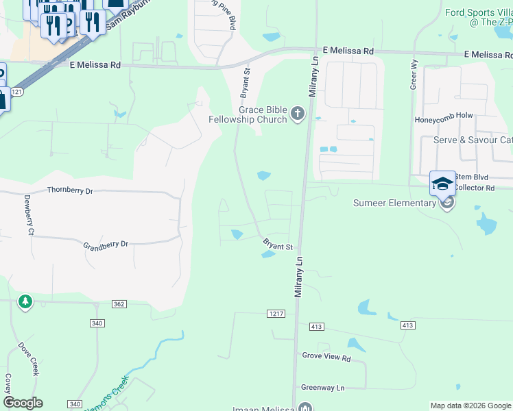 map of restaurants, bars, coffee shops, grocery stores, and more near 1926 Bryant Street in Melissa