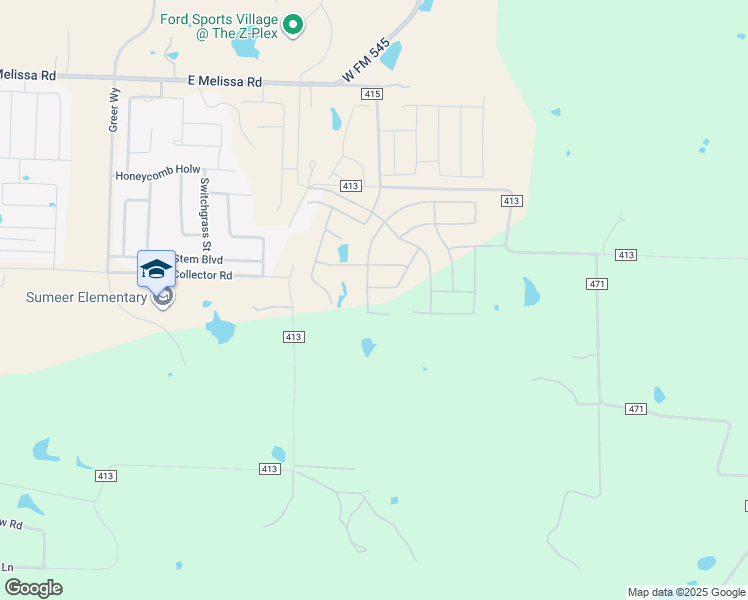map of restaurants, bars, coffee shops, grocery stores, and more near 3924 County Road 413 in Melissa