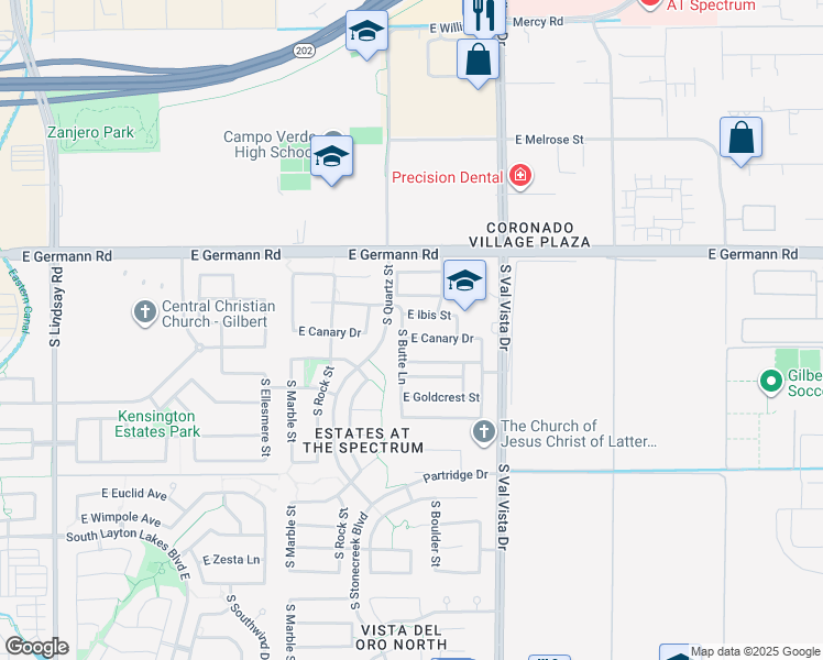 map of restaurants, bars, coffee shops, grocery stores, and more near 1423 East Canary Drive in Gilbert