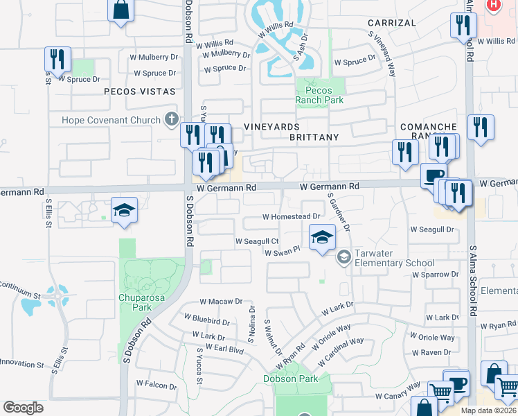 map of restaurants, bars, coffee shops, grocery stores, and more near 1713 West Homestead Drive in Chandler