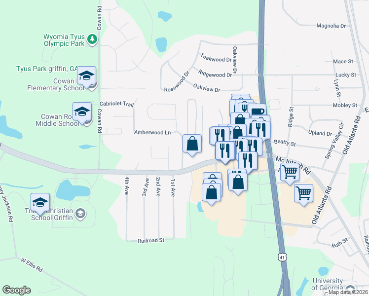 map of restaurants, bars, coffee shops, grocery stores, and more near 1600 Hallmark Hills Drive in Griffin