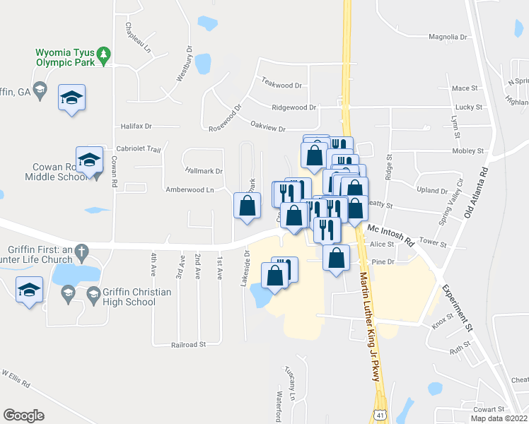map of restaurants, bars, coffee shops, grocery stores, and more near 1622 Hallmark Hills Drive in Griffin