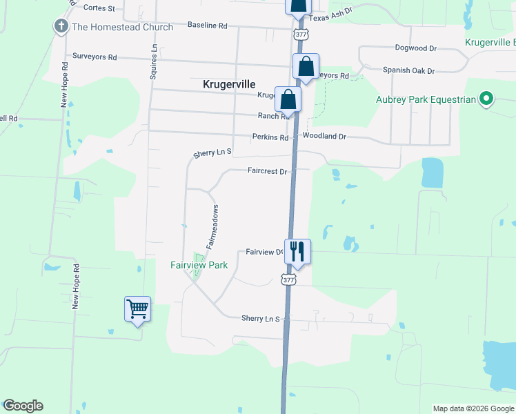 map of restaurants, bars, coffee shops, grocery stores, and more near 5025 U.S. 377 in Aubrey