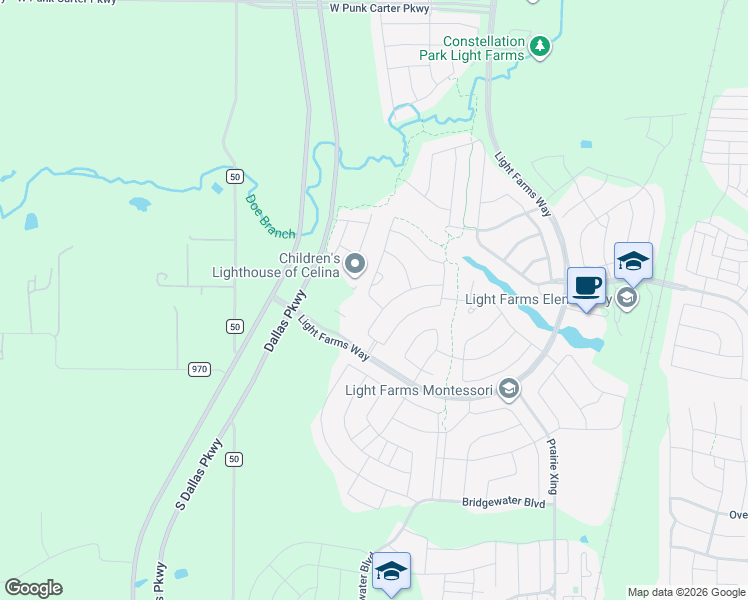 map of restaurants, bars, coffee shops, grocery stores, and more near 3609 Fieldview Court in Prosper