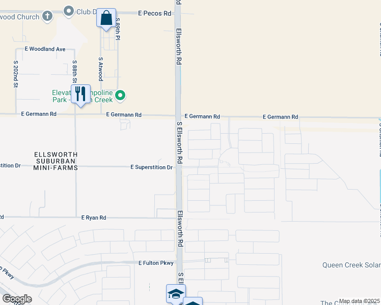 map of restaurants, bars, coffee shops, grocery stores, and more near 19126 South 208th Place in Queen Creek