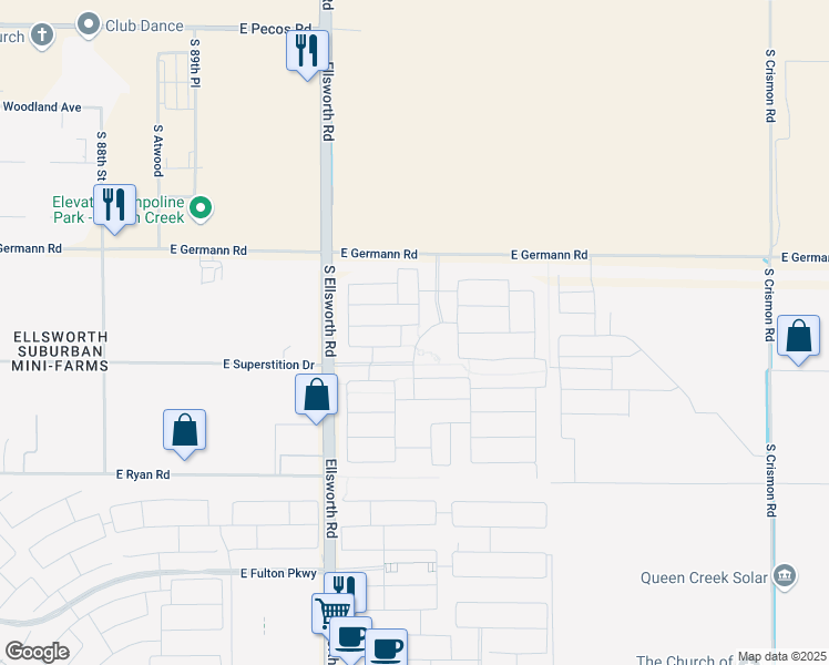 map of restaurants, bars, coffee shops, grocery stores, and more near 19119 209th Place in Queen Creek