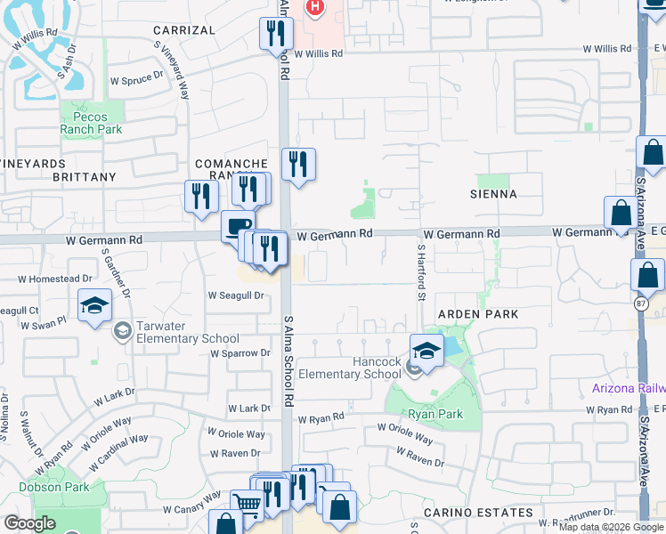 map of restaurants, bars, coffee shops, grocery stores, and more near 2091 South McClelland Drive in Chandler