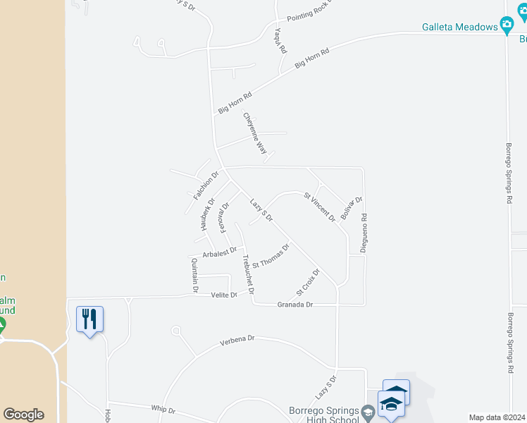 map of restaurants, bars, coffee shops, grocery stores, and more near Lazy S Drive in Borrego Springs