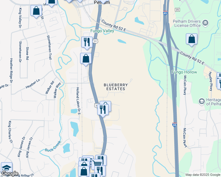 map of restaurants, bars, coffee shops, grocery stores, and more near 515 Pope Drive in Pelham