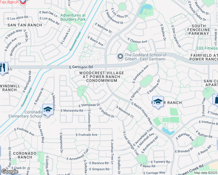 map of restaurants, bars, coffee shops, grocery stores, and more near 4055 South Ranch House Parkway in Gilbert